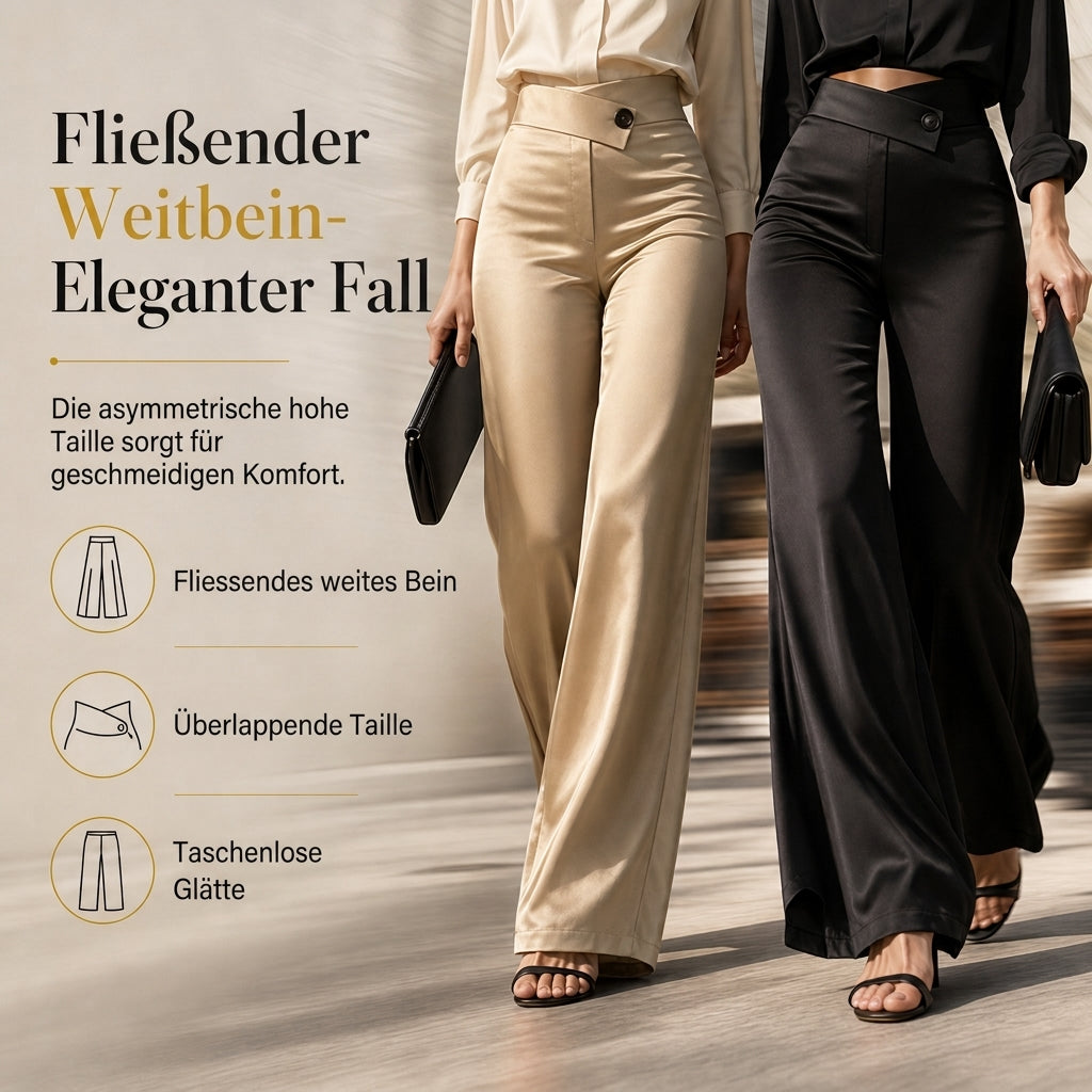 Elegante hoch taillierte Satin-Weithosen mit asymmetrischer Taille