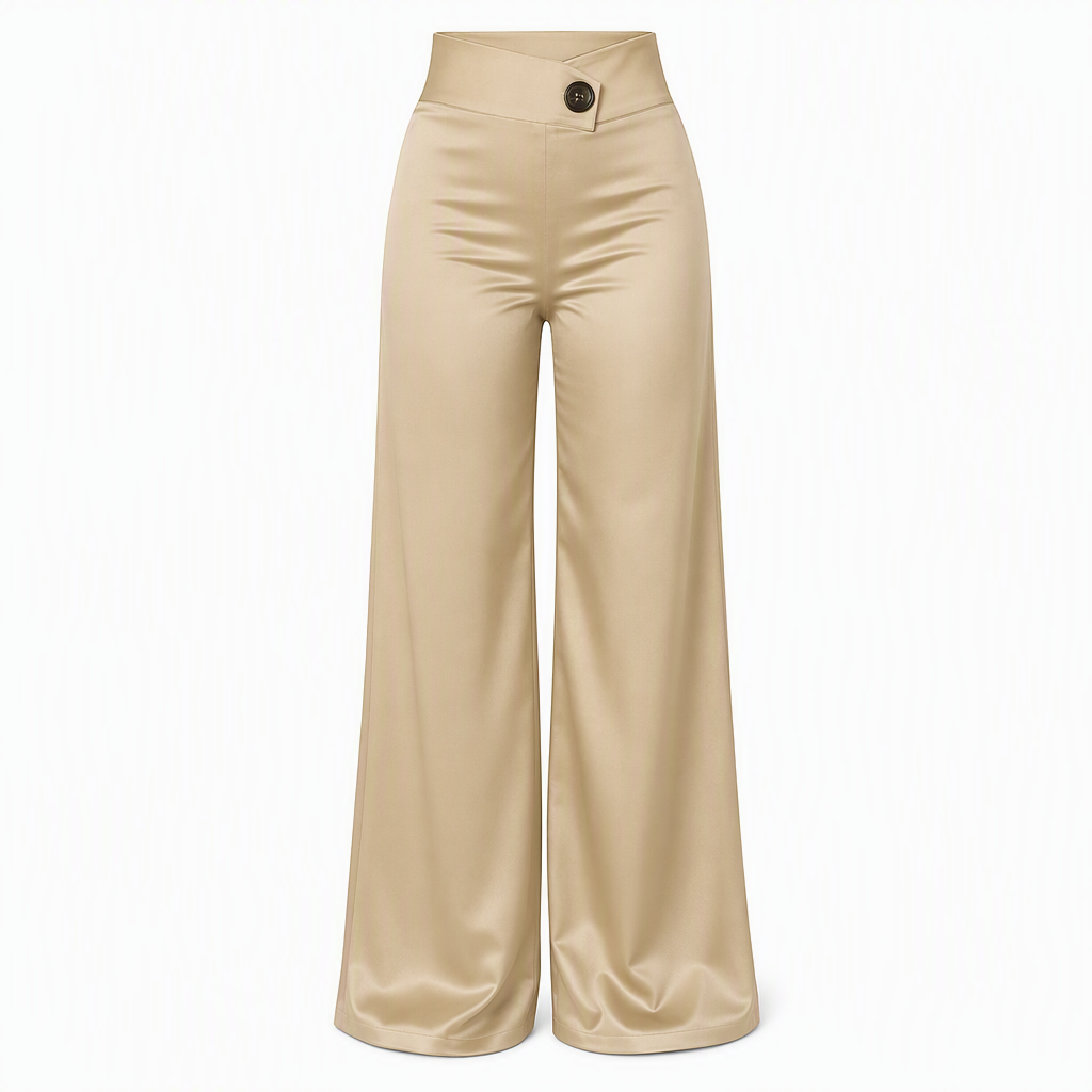 Elegante hoch taillierte Satin-Weithosen mit asymmetrischer Taille