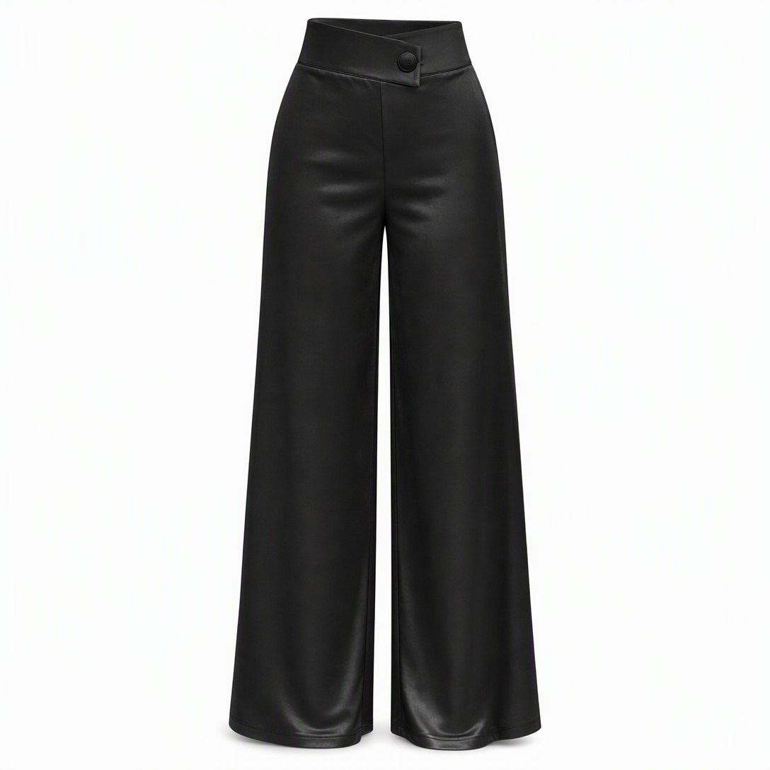 Elegante hoch taillierte Satin-Weithosen mit asymmetrischer Taille
