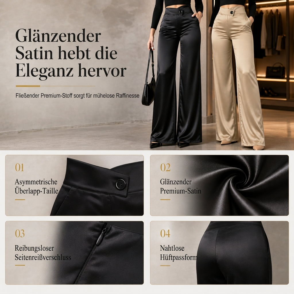 Elegante hoch taillierte Satin-Weithosen mit asymmetrischer Taille