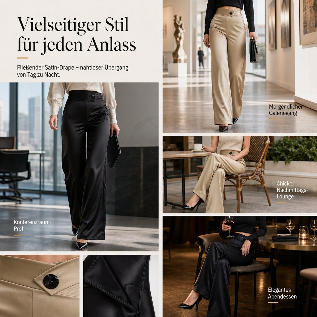 Elegante hoch taillierte Satin-Weithosen mit asymmetrischer Taille