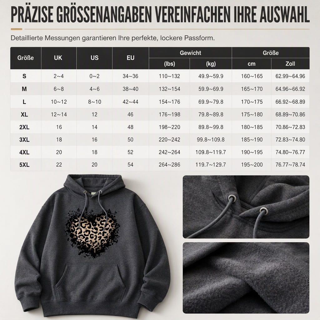 🔥Beliebtes Produkt ！✨Legeres Fleece-Hoodie für Damen mit Leopardenherz-Motiv und Kängurutasche
