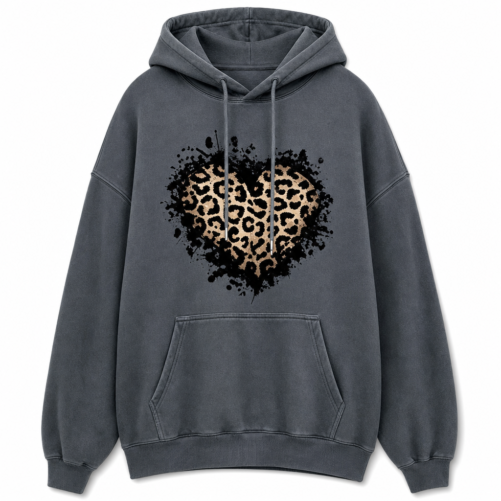🔥Beliebtes Produkt ！✨Legeres Fleece-Hoodie für Damen mit Leopardenherz-Motiv und Kängurutasche