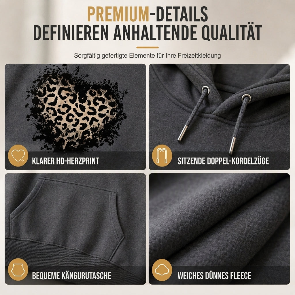 🔥Beliebtes Produkt ！✨Legeres Fleece-Hoodie für Damen mit Leopardenherz-Motiv und Kängurutasche