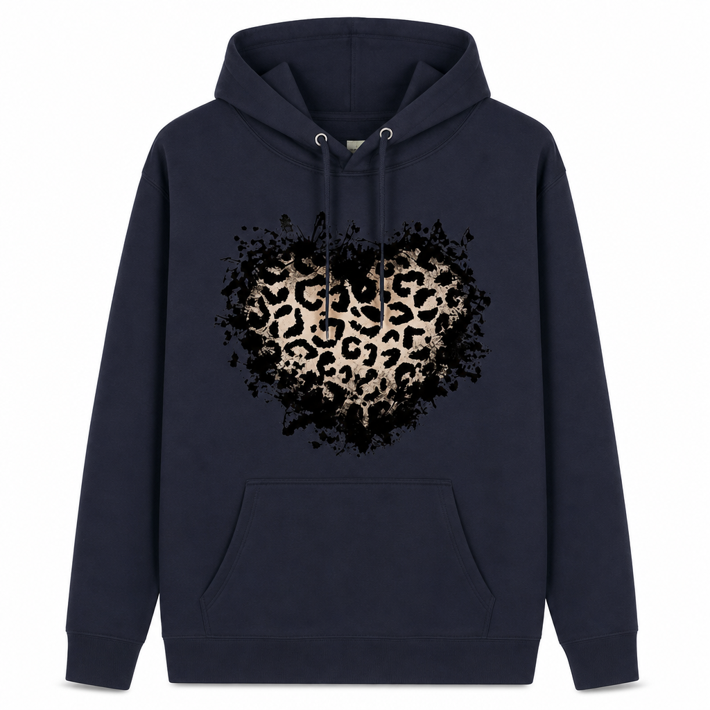 🔥Beliebtes Produkt ！✨Legeres Fleece-Hoodie für Damen mit Leopardenherz-Motiv und Kängurutasche