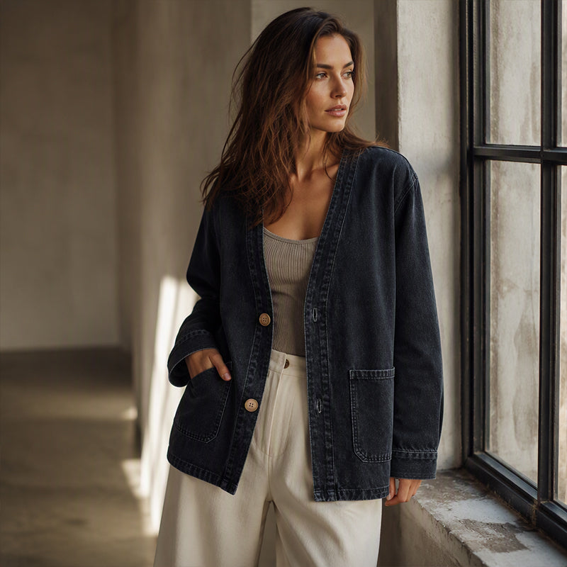 🚀 Neu eingetroffen – 50% Probierpreis! Legere Jeans-Strickjacke mit V-Ausschnitt für Damen