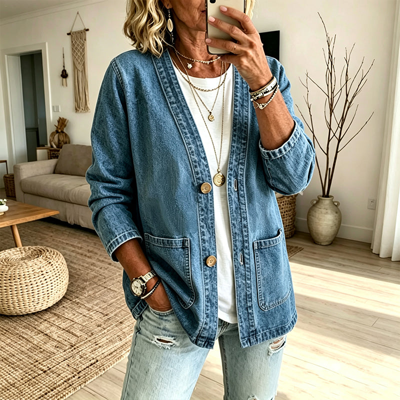 🚀 Neu eingetroffen – 50% Probierpreis! Legere Jeans-Strickjacke mit V-Ausschnitt für Damen
