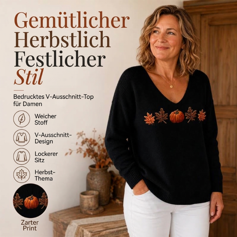 🏅 2000 Stück in 3 Tagen verkauft – schnell sein! Damen Langarmshirt mit Kürbisdruck und V-Ausschnitt
