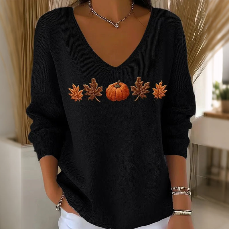🏅 2000 Stück in 3 Tagen verkauft – schnell sein! Damen Langarmshirt mit Kürbisdruck und V-Ausschnitt
