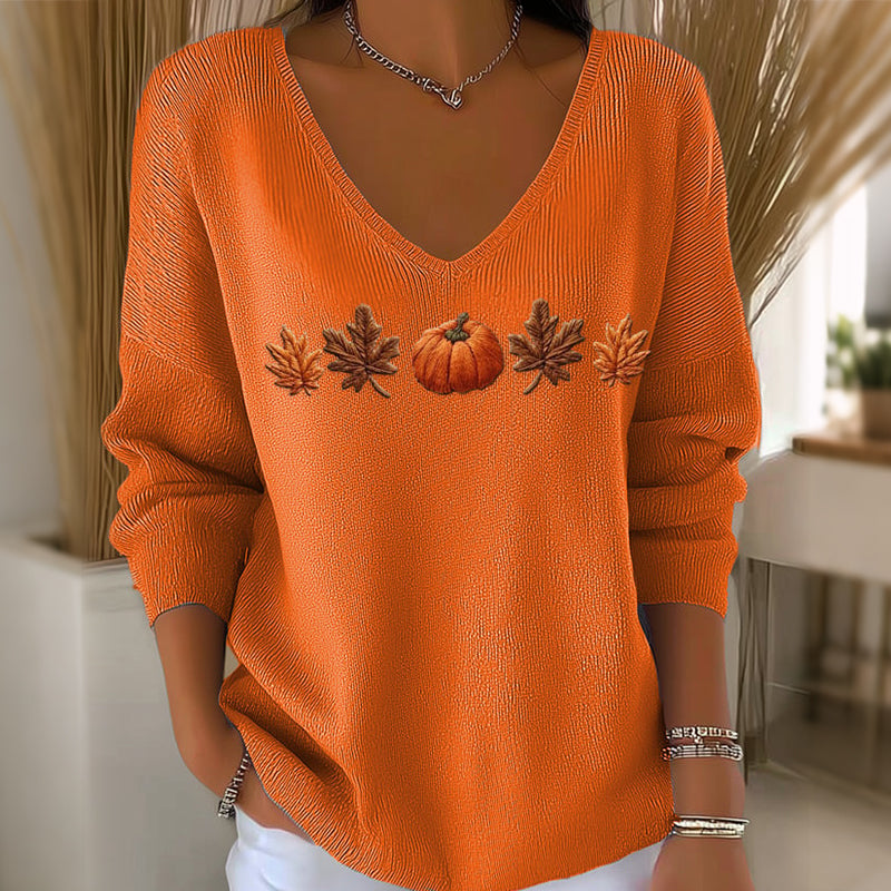 🏅 2000 Stück in 3 Tagen verkauft – schnell sein! Damen Langarmshirt mit Kürbisdruck und V-Ausschnitt
