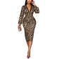 🔥Beliebtes Produkt ！✨Damen Midikleid mit Spitze, Leopardenmuster, V-Ausschnitt und Laternenärmeln