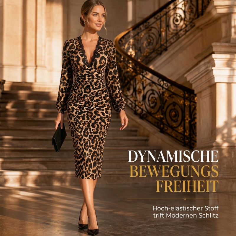 🔥Beliebtes Produkt ！✨Damen Midikleid mit Spitze, Leopardenmuster, V-Ausschnitt und Laternenärmeln