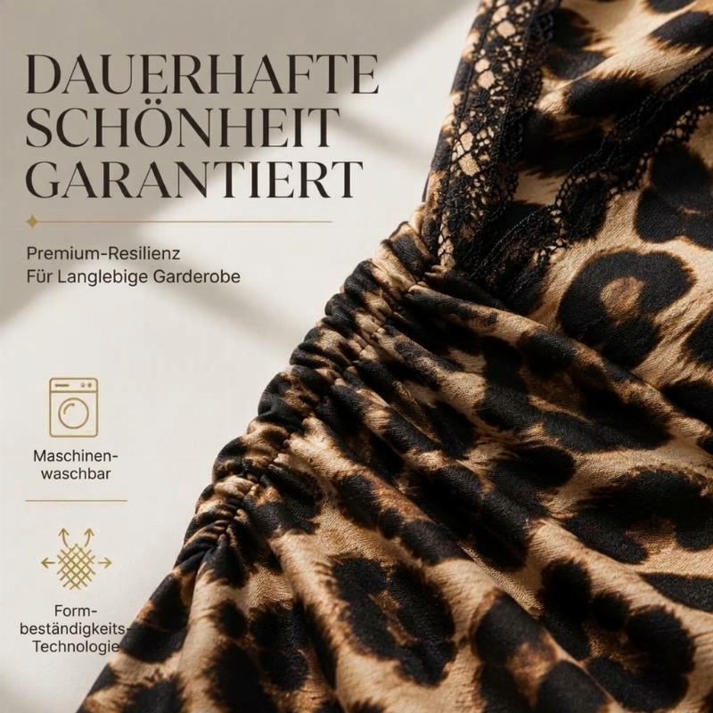 🔥Beliebtes Produkt ！✨Damen Midikleid mit Spitze, Leopardenmuster, V-Ausschnitt und Laternenärmeln