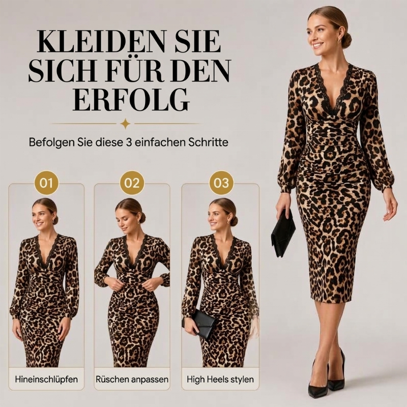 🔥Beliebtes Produkt ！✨Damen Midikleid mit Spitze, Leopardenmuster, V-Ausschnitt und Laternenärmeln