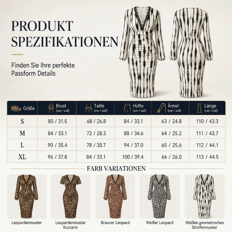 🔥Beliebtes Produkt ！✨Damen Midikleid mit Spitze, Leopardenmuster, V-Ausschnitt und Laternenärmeln