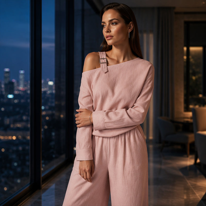 🔥Bestseller🔥Zweiteiliges Set mit schulterfreiem Oberteil und weitem Bein – aus weicher Leinenmischung für eine elegante Silhouette