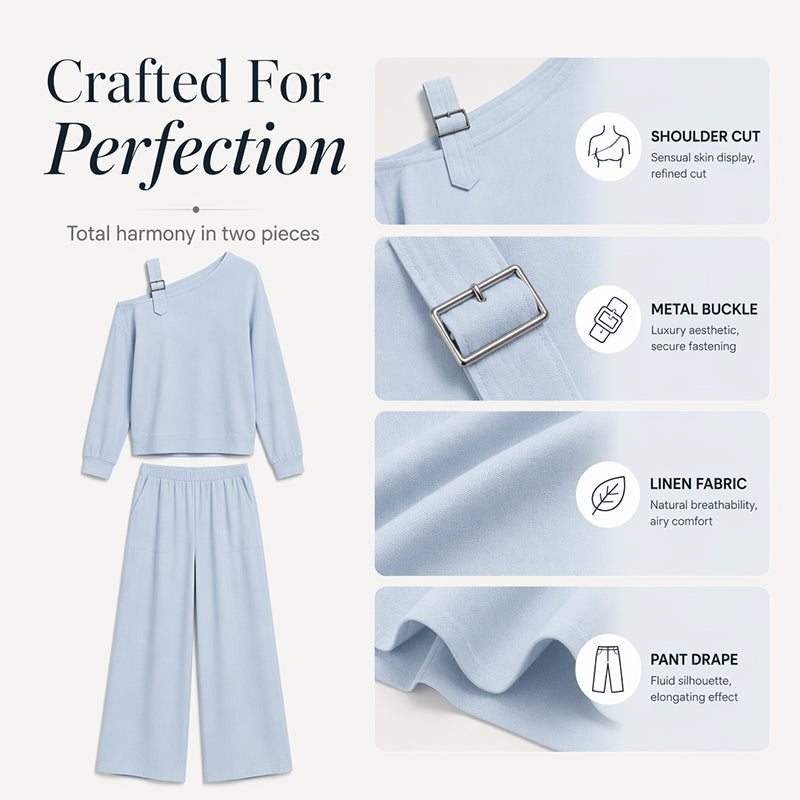 🔥Bestseller🔥Zweiteiliges Set mit schulterfreiem Oberteil und weitem Bein – aus weicher Leinenmischung für eine elegante Silhouette