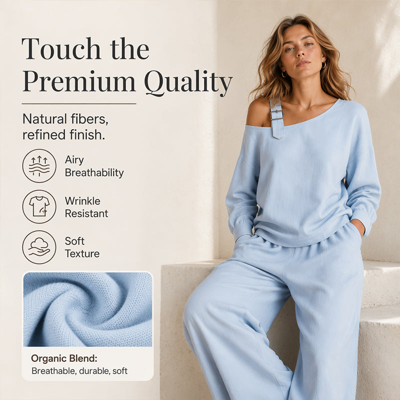🔥Bestseller🔥Zweiteiliges Set mit schulterfreiem Oberteil und weitem Bein – aus weicher Leinenmischung für eine elegante Silhouette