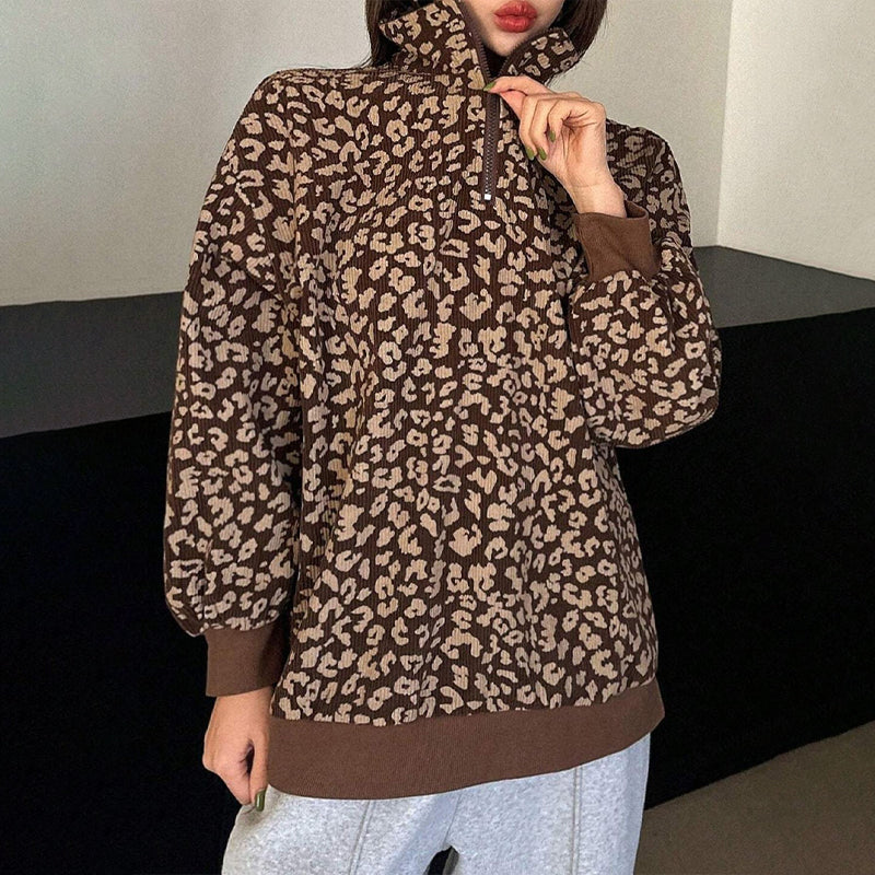 📢🎉50%Rabatt!!!🛍️✨Damen Sweatshirt mit Leopardenmuster & Viertelreißverschluss – Lässig, bequem & immer passend