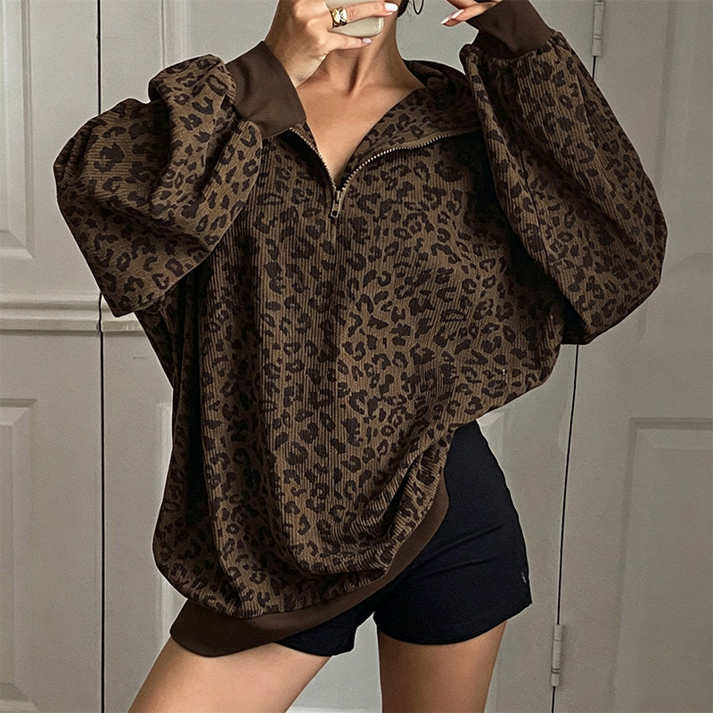 📢🎉50%Rabatt!!!🛍️✨Damen Sweatshirt mit Leopardenmuster & Viertelreißverschluss – Lässig, bequem & immer passend