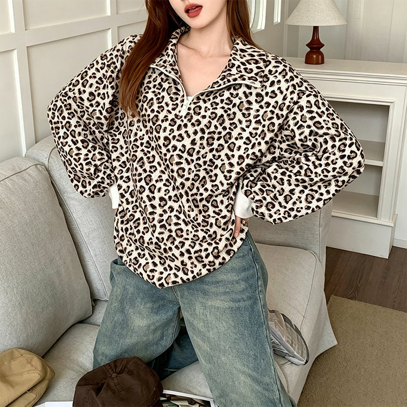 📢🎉50%Rabatt!!!🛍️✨Damen Sweatshirt mit Leopardenmuster & Viertelreißverschluss – Lässig, bequem & immer passend