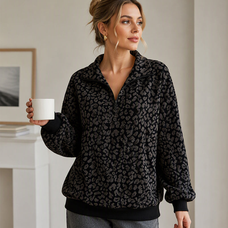 📢🎉50%Rabatt!!!🛍️✨Damen Sweatshirt mit Leopardenmuster & Viertelreißverschluss – Lässig, bequem & immer passend