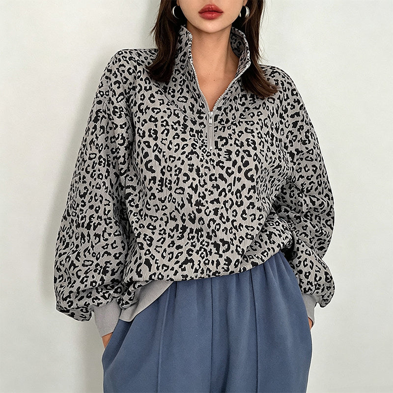 📢🎉50%Rabatt!!!🛍️✨Damen Sweatshirt mit Leopardenmuster & Viertelreißverschluss – Lässig, bequem & immer passend