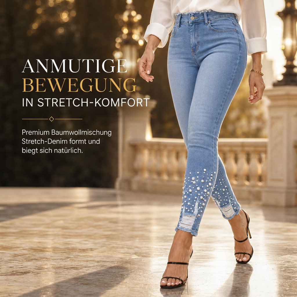 📢📢50%Rabatt!!!🎉✨Damen hellblaue, perlenverzierte Skinny-Jeans mit schmaler Passform, roh ausgefranstem Bund und distressed-Rissen an den Saumbündchen am Knöchel