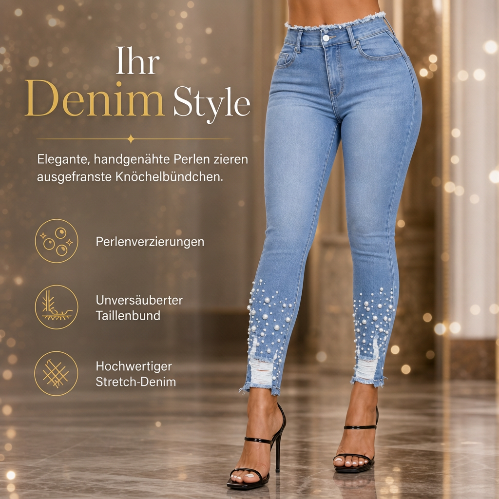 📢📢50%Rabatt!!!🎉✨Damen hellblaue, perlenverzierte Skinny-Jeans mit schmaler Passform, roh ausgefranstem Bund und distressed-Rissen an den Saumbündchen am Knöchel