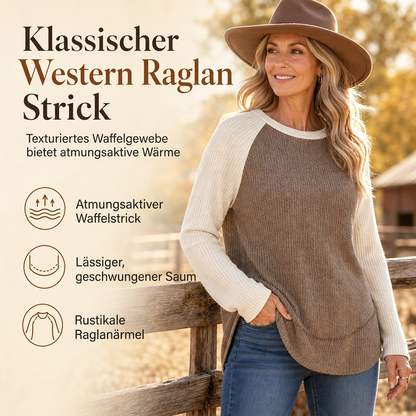 Damen Western Ranch-Stil Raglan-Langarm Strickoberteil mit strukturiertem Waffelstrickstoff und gebogener Saumkante