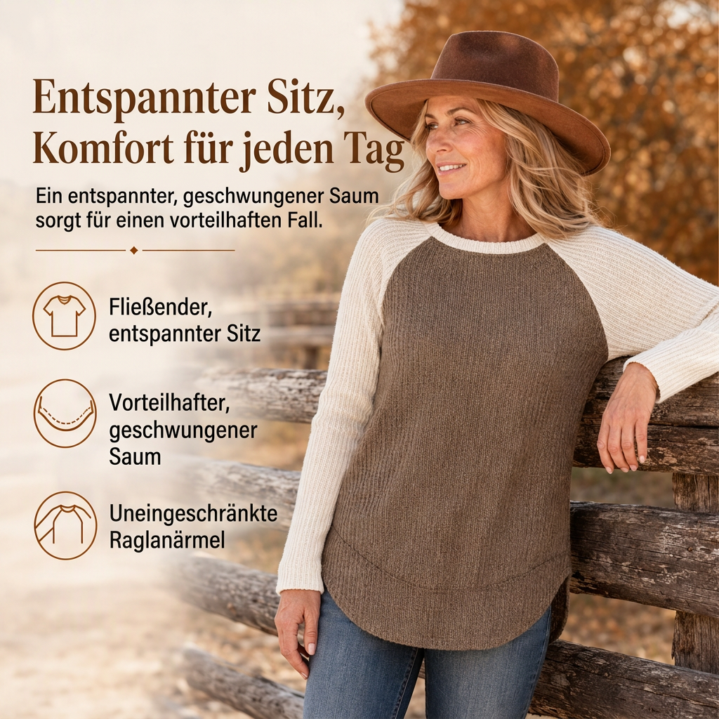 Damen Western Ranch-Stil Raglan-Langarm Strickoberteil mit strukturiertem Waffelstrickstoff und gebogener Saumkante