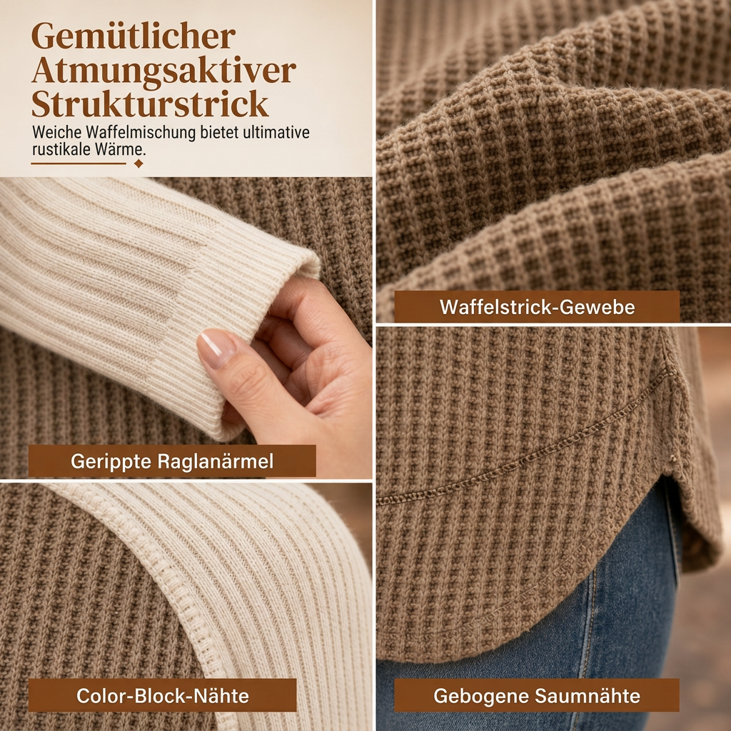 Damen Western Ranch-Stil Raglan-Langarm Strickoberteil mit strukturiertem Waffelstrickstoff und gebogener Saumkante