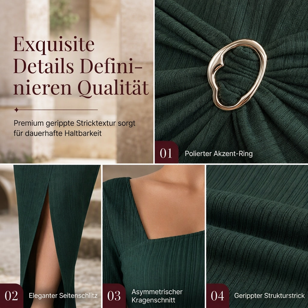 Damen Herbst Winter Einfarbiges Stricktextur Langes Kleid mit Unregelmäßigem Ausschnitt