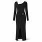Damen Herbst Winter Einfarbiges Stricktextur Langes Kleid mit Unregelmäßigem Ausschnitt