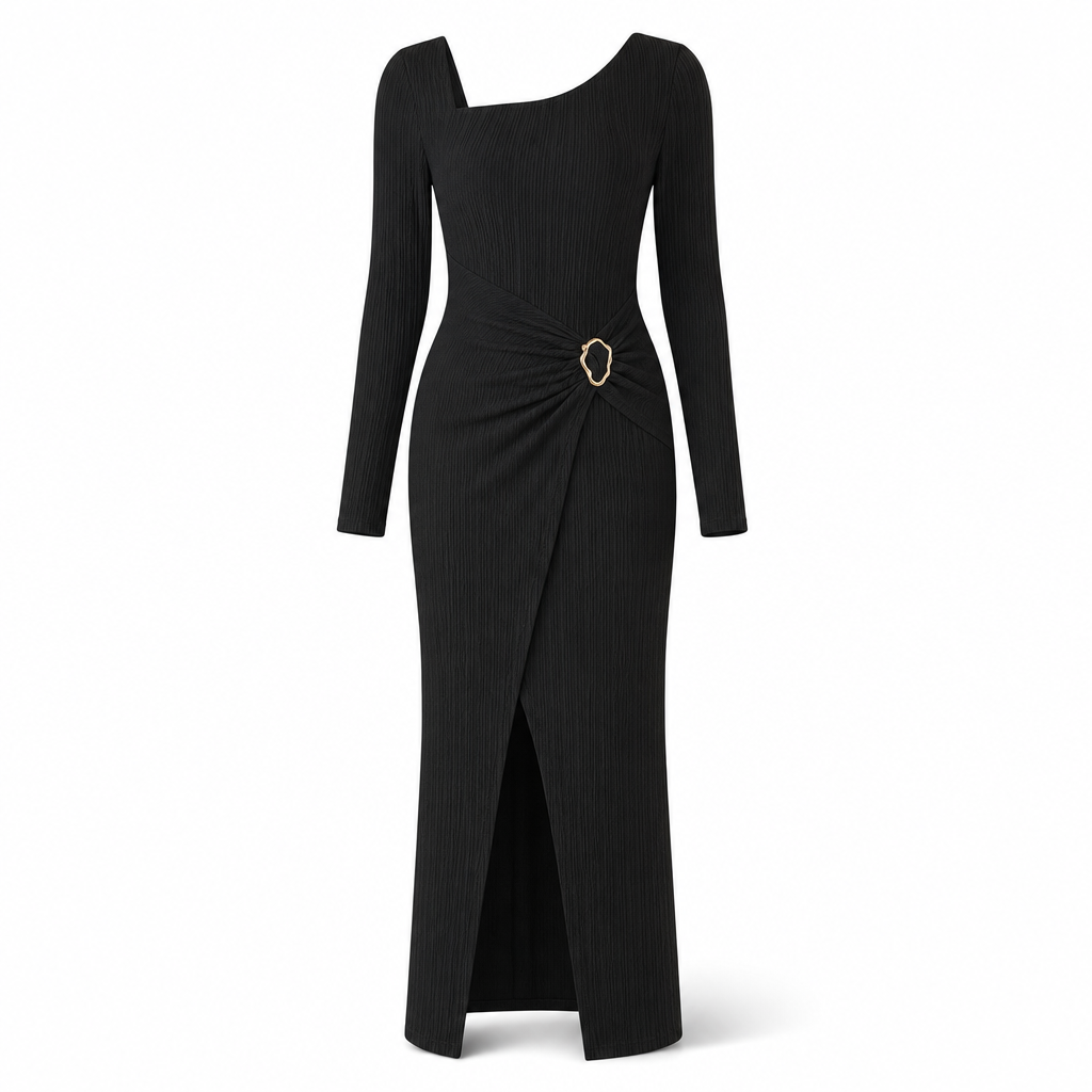 Damen Herbst Winter Einfarbiges Stricktextur Langes Kleid mit Unregelmäßigem Ausschnitt