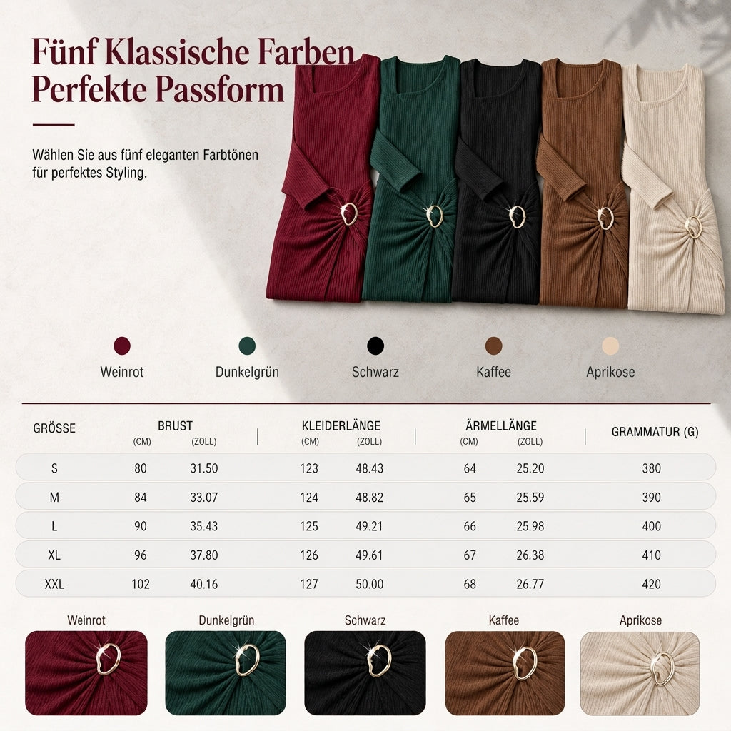 Damen Herbst Winter Einfarbiges Stricktextur Langes Kleid mit Unregelmäßigem Ausschnitt
