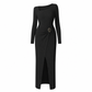 Damen Herbst Winter Einfarbiges Stricktextur Langes Kleid mit Unregelmäßigem Ausschnitt