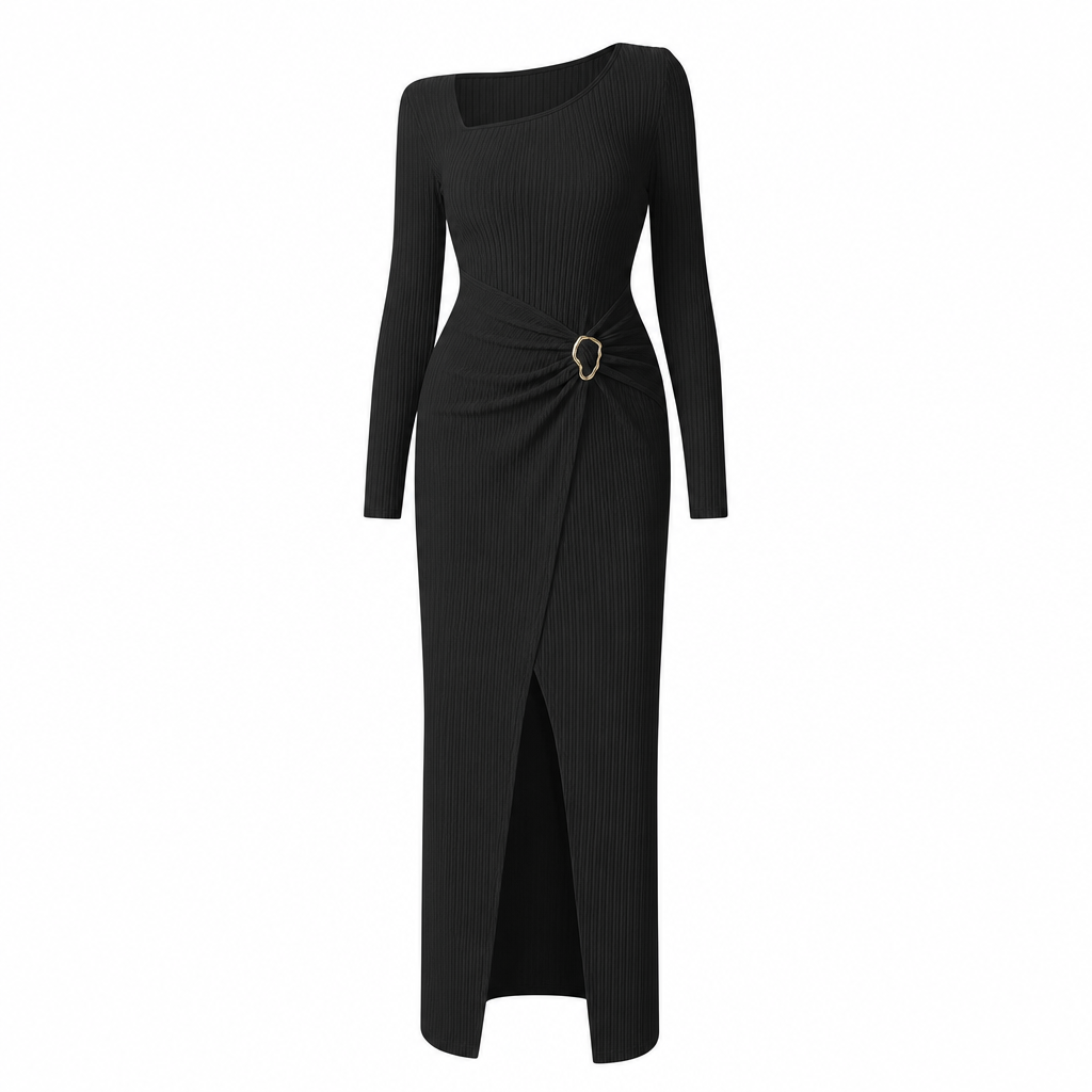 Damen Herbst Winter Einfarbiges Stricktextur Langes Kleid mit Unregelmäßigem Ausschnitt