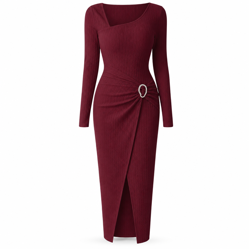 Damen Herbst Winter Einfarbiges Stricktextur Langes Kleid mit Unregelmäßigem Ausschnitt