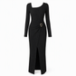 Damen Herbst Winter Einfarbiges Stricktextur Langes Kleid mit Unregelmäßigem Ausschnitt