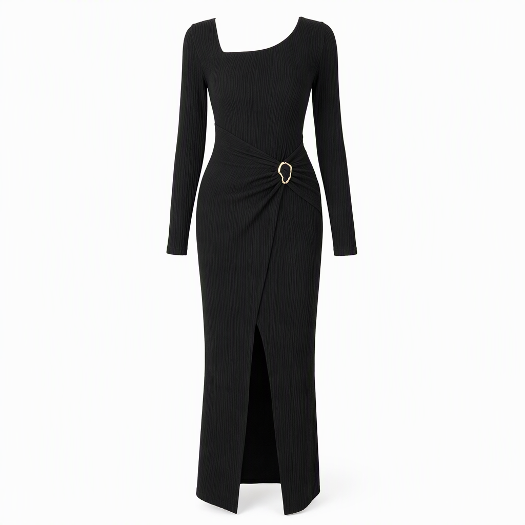 Damen Herbst Winter Einfarbiges Stricktextur Langes Kleid mit Unregelmäßigem Ausschnitt