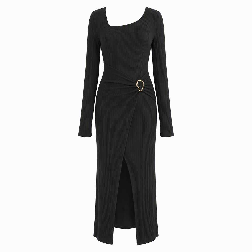 Damen Herbst Winter Einfarbiges Stricktextur Langes Kleid mit Unregelmäßigem Ausschnitt