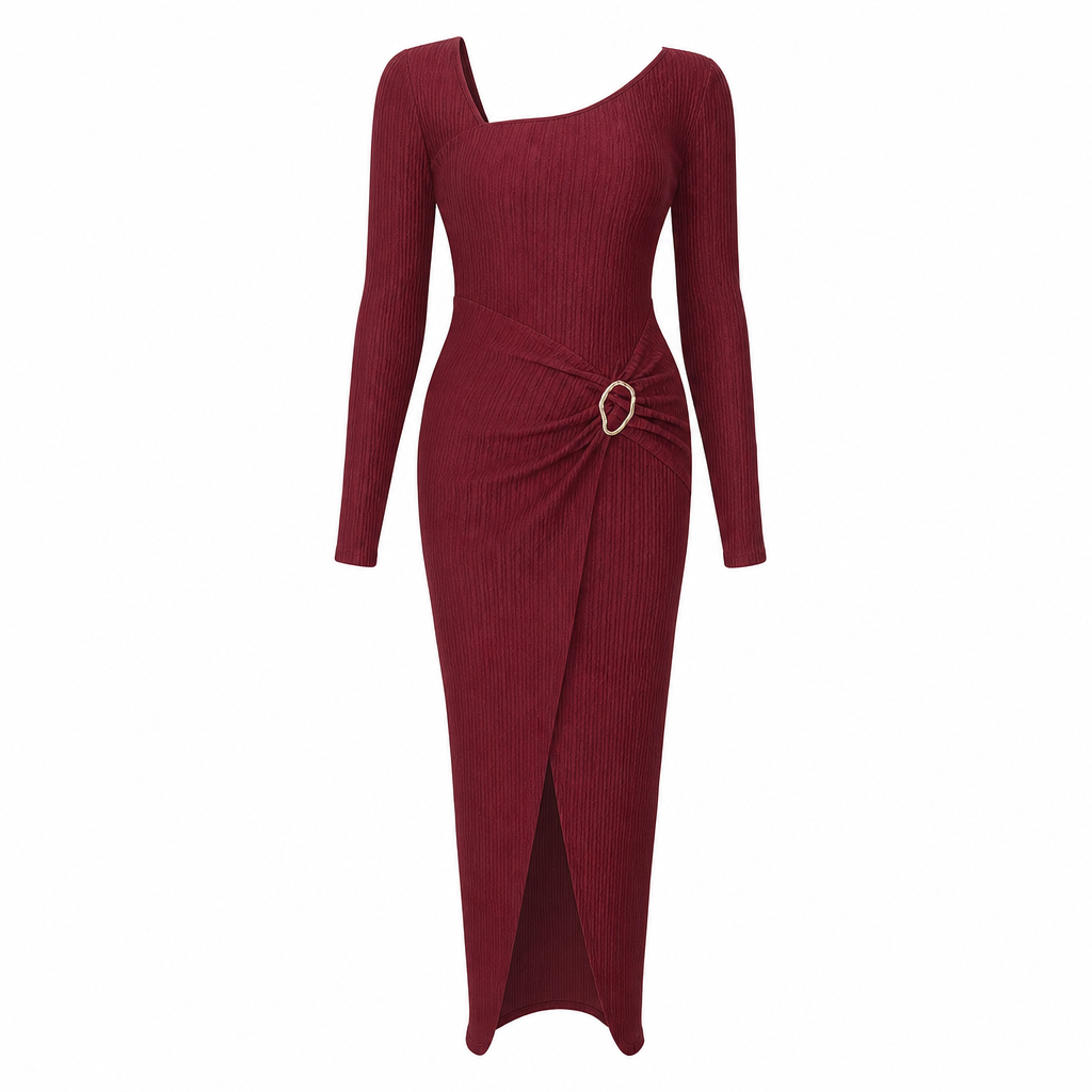 Damen Herbst Winter Einfarbiges Stricktextur Langes Kleid mit Unregelmäßigem Ausschnitt