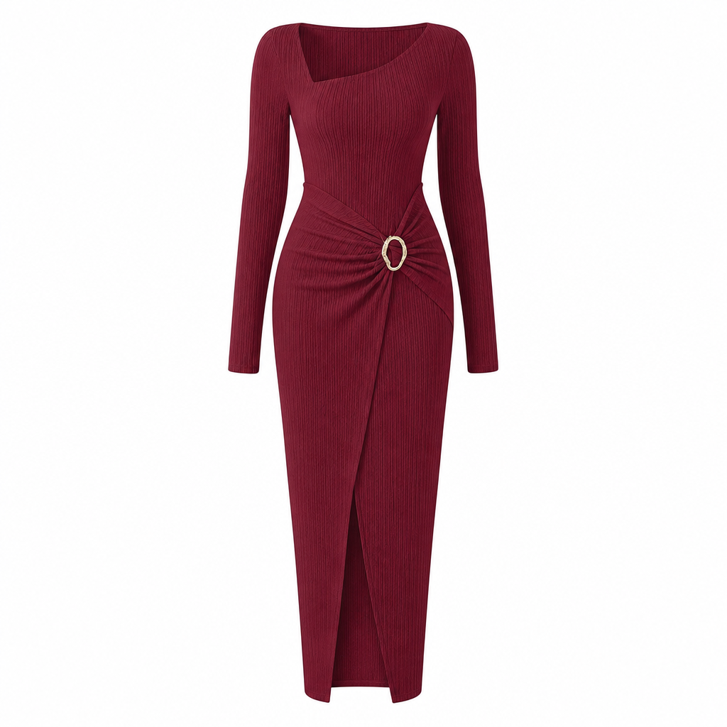 Damen Herbst Winter Einfarbiges Stricktextur Langes Kleid mit Unregelmäßigem Ausschnitt