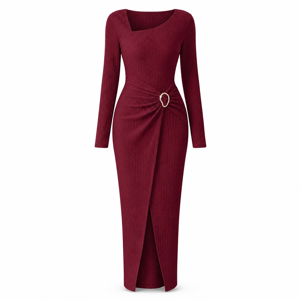 Damen Herbst Winter Einfarbiges Stricktextur Langes Kleid mit Unregelmäßigem Ausschnitt