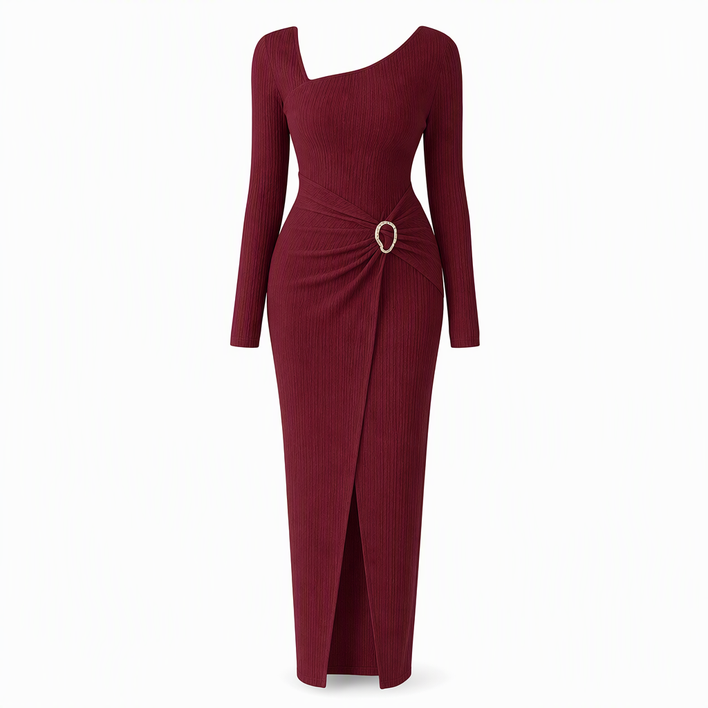 Damen Herbst Winter Einfarbiges Stricktextur Langes Kleid mit Unregelmäßigem Ausschnitt