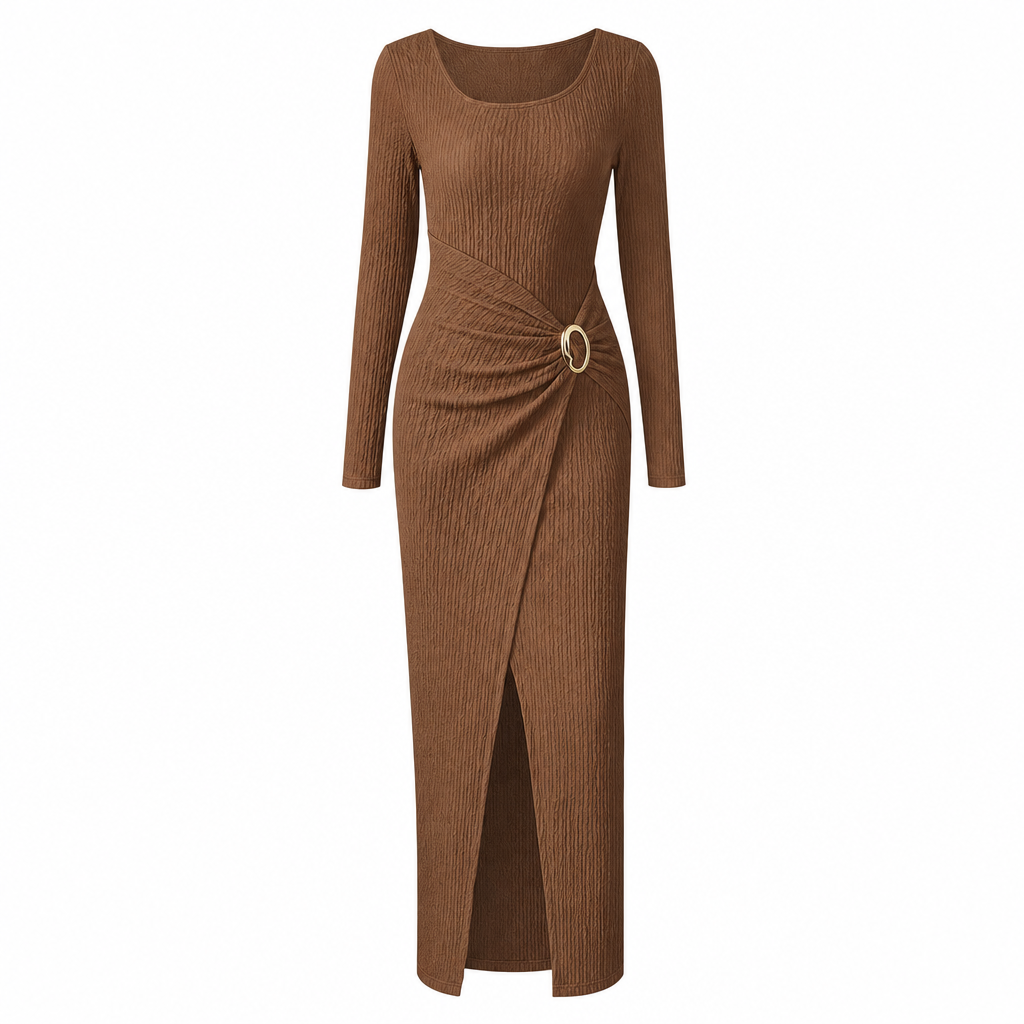 Damen Herbst Winter Einfarbiges Stricktextur Langes Kleid mit Unregelmäßigem Ausschnitt