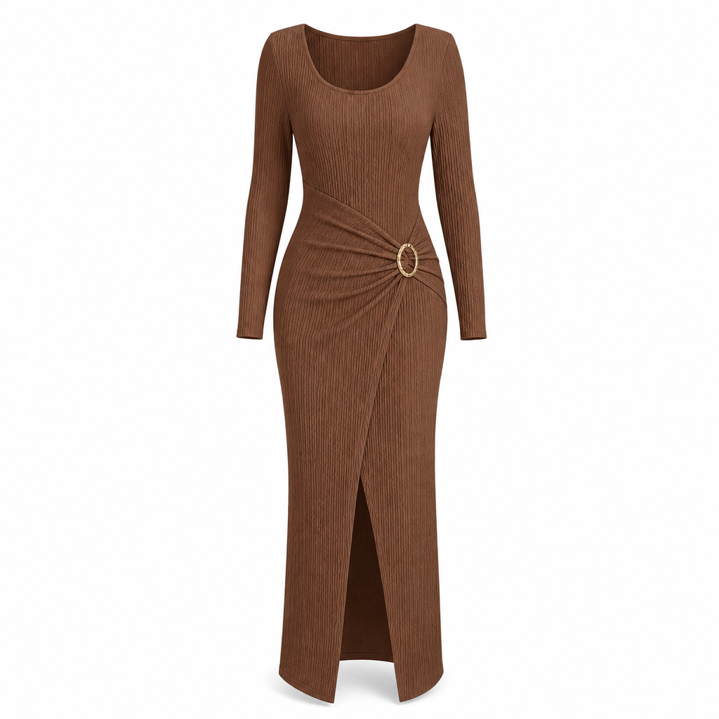 Damen Herbst Winter Einfarbiges Stricktextur Langes Kleid mit Unregelmäßigem Ausschnitt