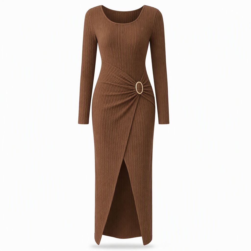 Damen Herbst Winter Einfarbiges Stricktextur Langes Kleid mit Unregelmäßigem Ausschnitt