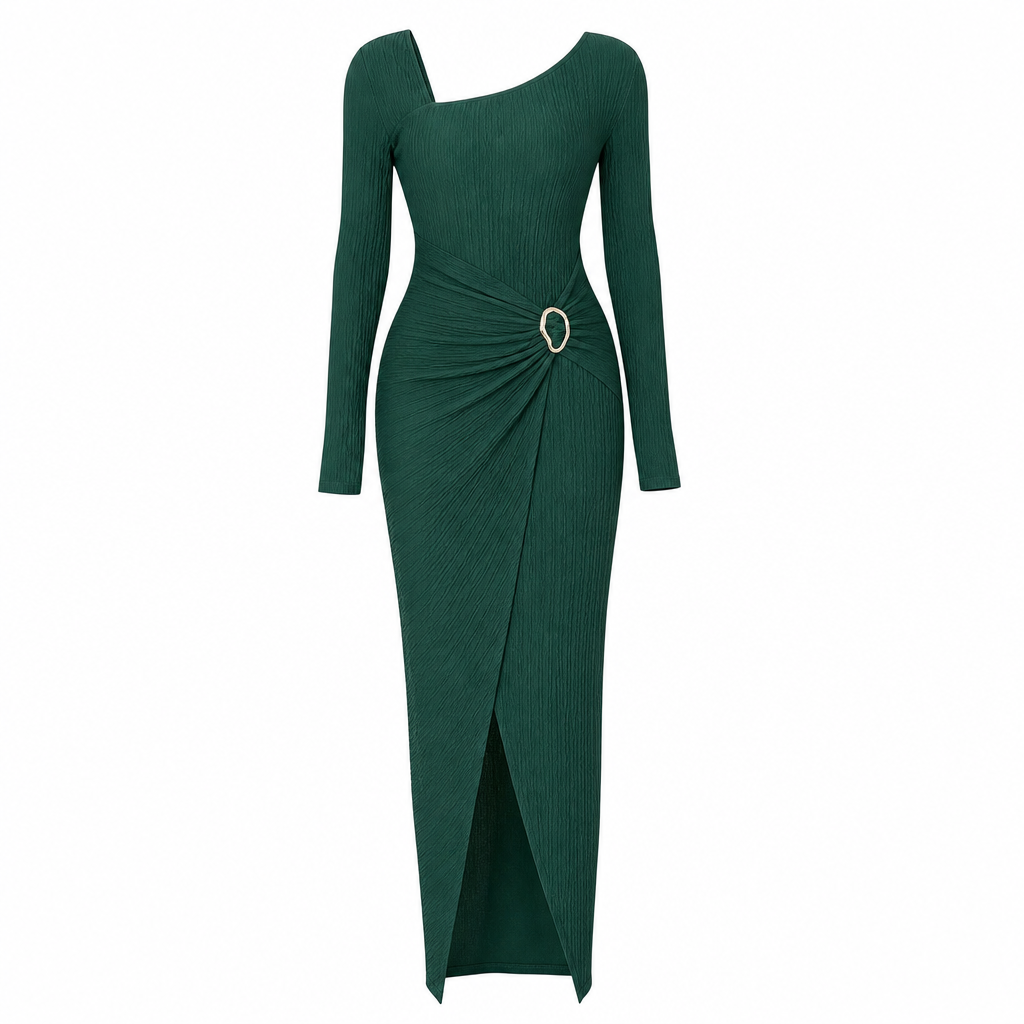 Damen Herbst Winter Einfarbiges Stricktextur Langes Kleid mit Unregelmäßigem Ausschnitt